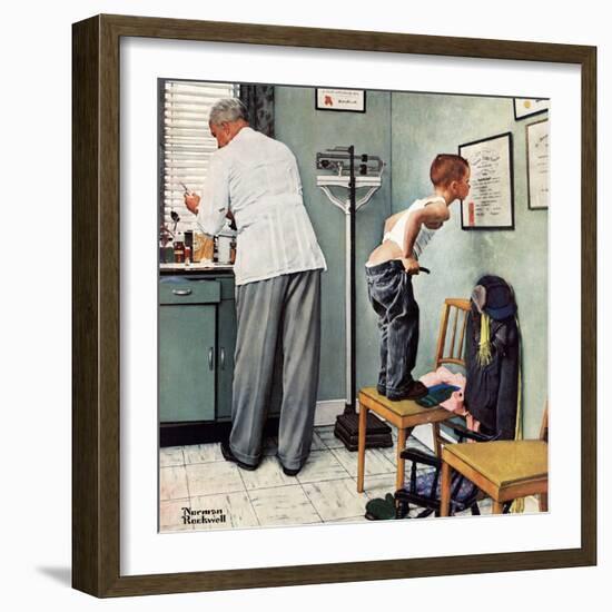 "Before the Shot" or "At the Doctor's" Saturday Evening Post Cover, March 15,1958-Norman Rockwell-Framed Giclee Print