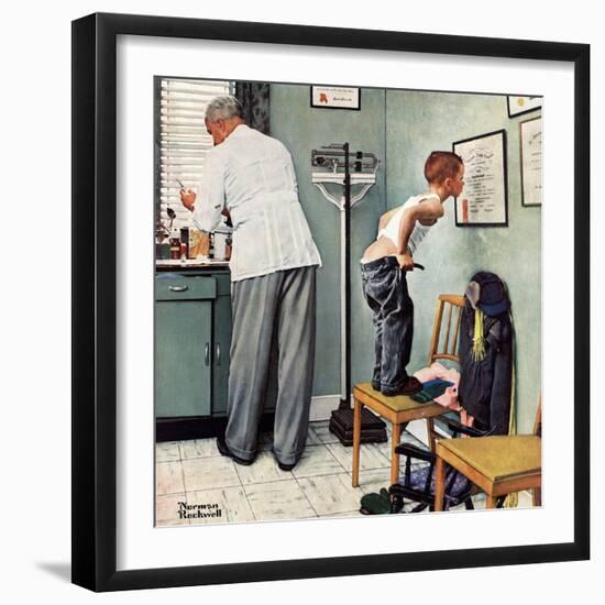 "Before the Shot" or "At the Doctor's" Saturday Evening Post Cover, March 15,1958-Norman Rockwell-Framed Giclee Print