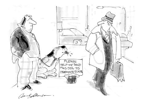 Beggar and dog on sidwalk with sign that reads: Please help me send this d…  - Cartoon' Premium Giclee Print - Bernard Schoenbaum 