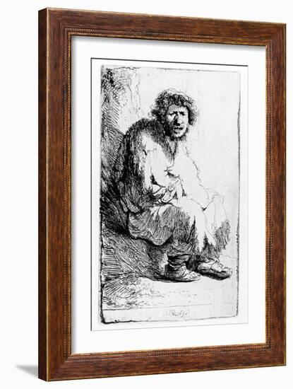 Beggar Seated on a Bank, 1630 (Etching)-Rembrandt van Rijn-Framed Giclee Print