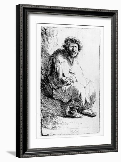 Beggar Seated on a Bank, 1630 (Etching)-Rembrandt van Rijn-Framed Giclee Print