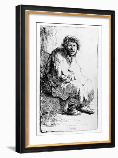 Beggar Seated on a Bank, 1630 (Etching)-Rembrandt van Rijn-Framed Giclee Print
