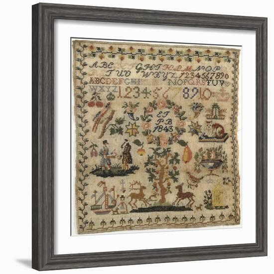 Beginner's Work, Embroidered in Cross-Stitch on Linen with the Initials E.F E P.B. and the Date-null-Framed Giclee Print