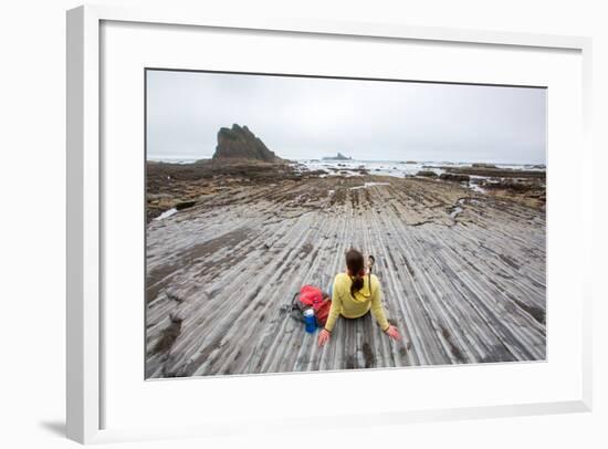 Bekah Herndon Sits On Rock Formations During Hike On Rialto Beach In The Olympic NP In Washington-Ben Herndon-Framed Photographic Print