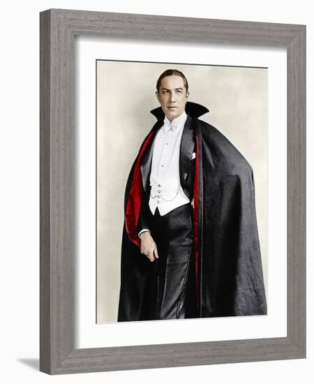 Bela Lugosi dressed in costume for his role in the Broadway play, 'Dracula,' 1927-1928-null-Framed Photo