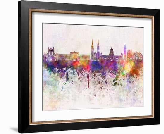 Belfast Skyline in Watercolor Background-paulrommer-Framed Art Print