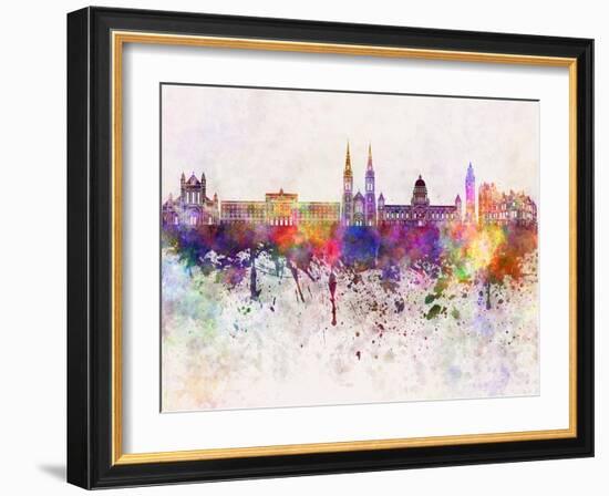 Belfast Skyline in Watercolor Background-paulrommer-Framed Art Print