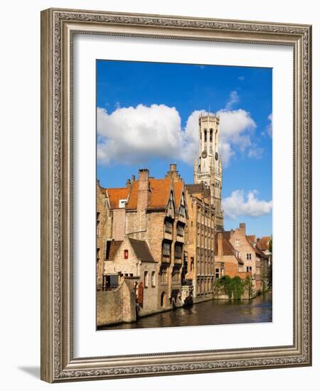 Belgium, Bruges. Belfry of Bruges at the junction of the Groenerei and Dijver canals.-Julie Eggers-Framed Photographic Print