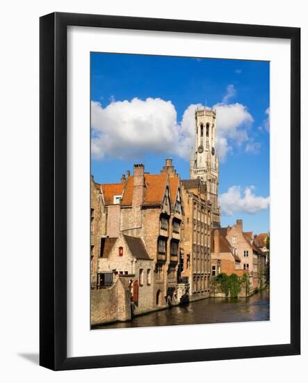 Belgium, Bruges. Belfry of Bruges at the junction of the Groenerei and Dijver canals.-Julie Eggers-Framed Photographic Print