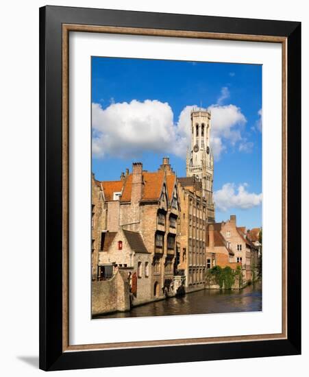 Belgium, Bruges. Belfry of Bruges at the junction of the Groenerei and Dijver canals.-Julie Eggers-Framed Photographic Print