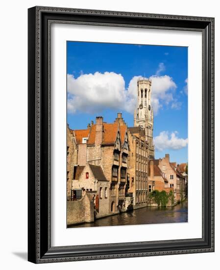 Belgium, Bruges. Belfry of Bruges at the junction of the Groenerei and Dijver canals.-Julie Eggers-Framed Photographic Print