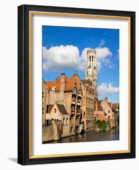 Belgium, Bruges. Belfry of Bruges at the junction of the Groenerei and Dijver canals.-Julie Eggers-Framed Photographic Print