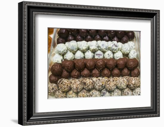 Belgium, Bruges. Belgian chocolate shop-Walter Bibikow-Framed Photographic Print