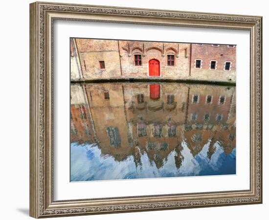 Belgium, Bruges. Reflections of medieval buildings along canal.-Julie Eggers-Framed Photographic Print