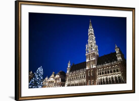 Belgium, Brussels. Grand Place, Holiday lights with a Christmas tree-Walter Bibikow-Framed Premium Photographic Print