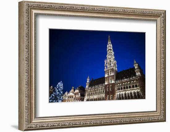 Belgium, Brussels. Grand Place, Holiday lights with a Christmas tree-Walter Bibikow-Framed Photographic Print