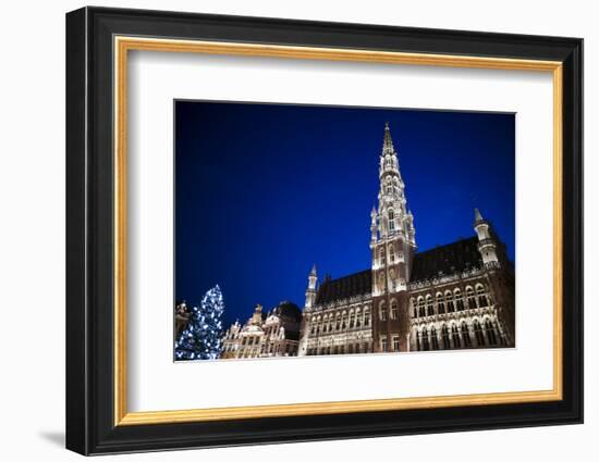 Belgium, Brussels. Grand Place, Holiday lights with a Christmas tree-Walter Bibikow-Framed Photographic Print