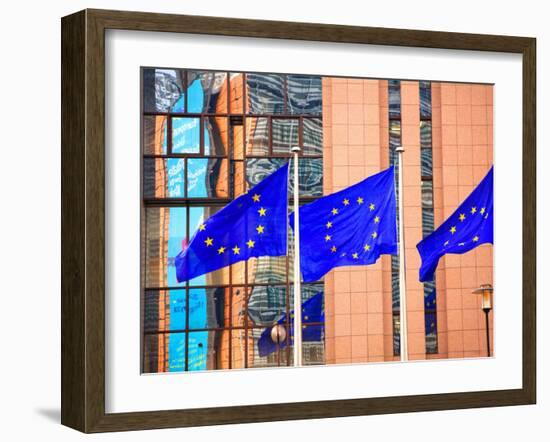 Belgium, Brussels; Three Flags Carrying the European Union Emblem in Front of the E;U Headquarters-Ken Sciclina-Framed Photographic Print