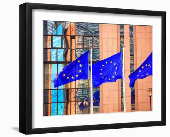 Belgium, Brussels; Three Flags Carrying the European Union Emblem in Front of the E;U Headquarters-Ken Sciclina-Framed Photographic Print