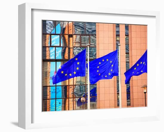 Belgium, Brussels; Three Flags Carrying the European Union Emblem in Front of the E;U Headquarters-Ken Sciclina-Framed Photographic Print