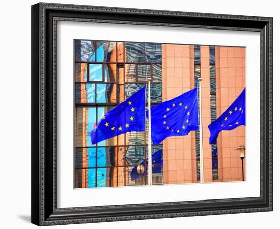 Belgium, Brussels; Three Flags Carrying the European Union Emblem in Front of the E;U Headquarters-Ken Sciclina-Framed Photographic Print