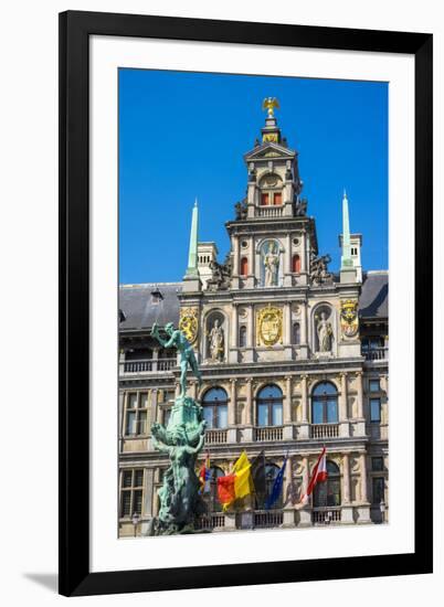 Belgium, Flanders, Antwerp (Antwerpen). Stadhuis city hall and statue of Silvius Brabo on Grote Mar-Jason Langley-Framed Photographic Print