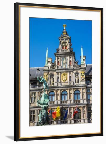 Belgium, Flanders, Antwerp (Antwerpen). Stadhuis city hall and statue of Silvius Brabo on Grote Mar-Jason Langley-Framed Photographic Print