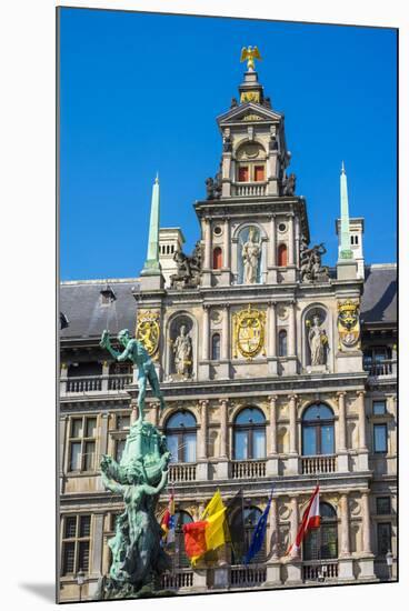 Belgium, Flanders, Antwerp (Antwerpen). Stadhuis city hall and statue of Silvius Brabo on Grote Mar-Jason Langley-Mounted Photographic Print