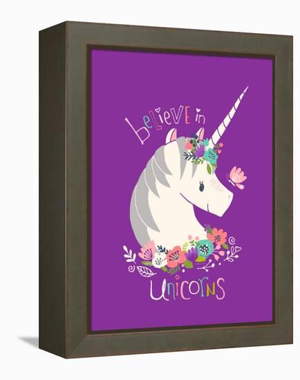 Believe in Unicorns on Purple-Heather Rosas-Framed Stretched Canvas