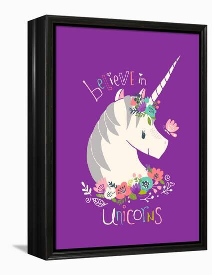 Believe in Unicorns on Purple-Heather Rosas-Framed Stretched Canvas