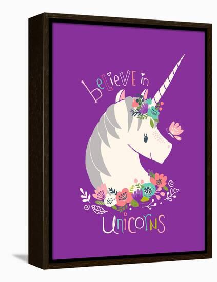 Believe in Unicorns on Purple-Heather Rosas-Framed Stretched Canvas