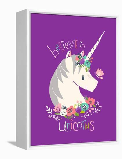 Believe in Unicorns on Purple-Heather Rosas-Framed Stretched Canvas