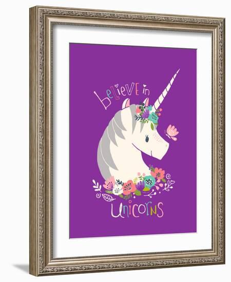 Believe in Unicorns on Purple-Heather Rosas-Framed Art Print