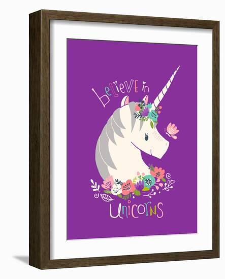 Believe in Unicorns on Purple-Heather Rosas-Framed Art Print