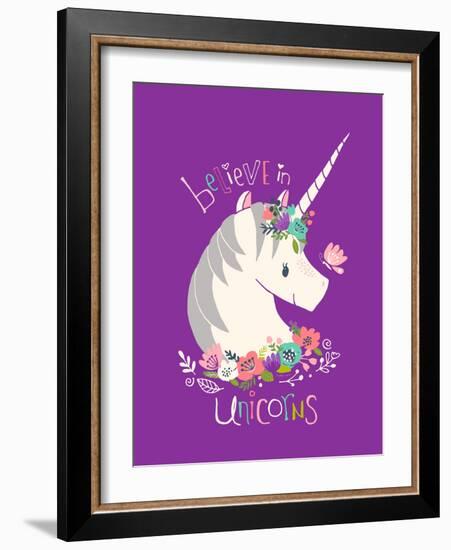 Believe in Unicorns on Purple-Heather Rosas-Framed Art Print