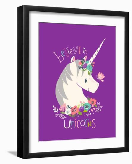 Believe in Unicorns on Purple-Heather Rosas-Framed Art Print