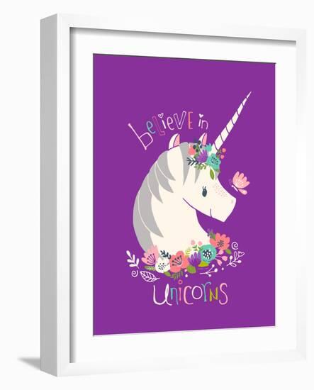 Believe in Unicorns on Purple-Heather Rosas-Framed Art Print