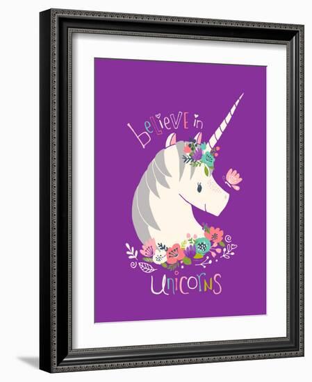 Believe in Unicorns on Purple-Heather Rosas-Framed Art Print