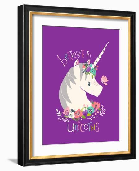 Believe in Unicorns on Purple-Heather Rosas-Framed Art Print