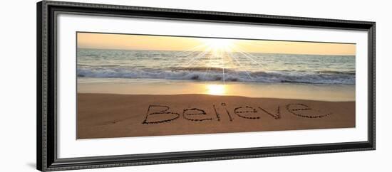 Believe Written In The Sand At The Beach-Hannamariah-Framed Art Print