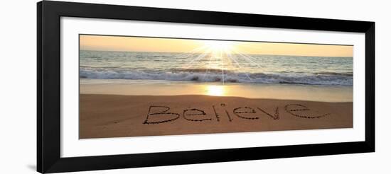 Believe Written In The Sand At The Beach-Hannamariah-Framed Art Print