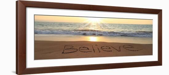 Believe Written In The Sand At The Beach-Hannamariah-Framed Art Print