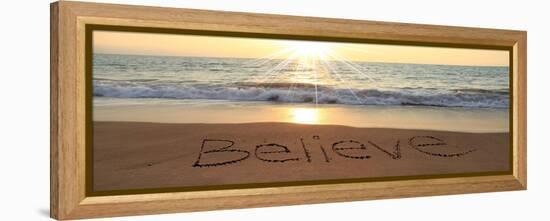 Believe Written In The Sand At The Beach-Hannamariah-Framed Stretched Canvas