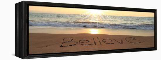 Believe Written In The Sand At The Beach-Hannamariah-Framed Stretched Canvas