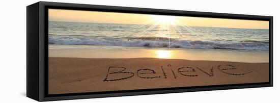 Believe Written In The Sand At The Beach-Hannamariah-Framed Stretched Canvas