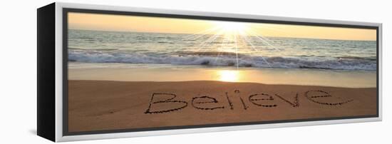 Believe Written In The Sand At The Beach-Hannamariah-Framed Stretched Canvas