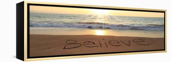 Believe Written In The Sand At The Beach-Hannamariah-Framed Stretched Canvas