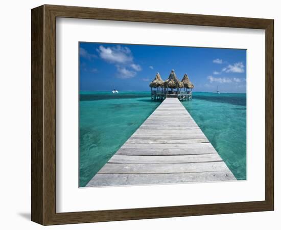 Belize, Ambergris Caye, San Pedro, Ramons Village Resort Pier and Palapa-Jane Sweeney-Framed Photographic Print