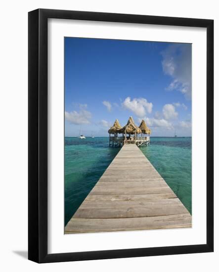 Belize, Ambergris Caye, San Pedro, Ramons Village Resort Pier and Palapa-Jane Sweeney-Framed Photographic Print