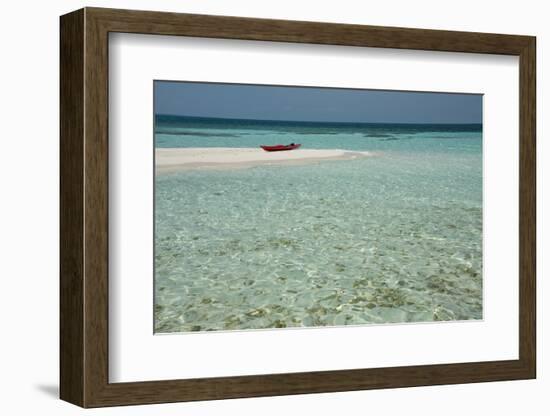 Belize, Belize. Goff's Caye. Red Kayak on White Sand Beach-Cindy Miller Hopkins-Framed Photographic Print
